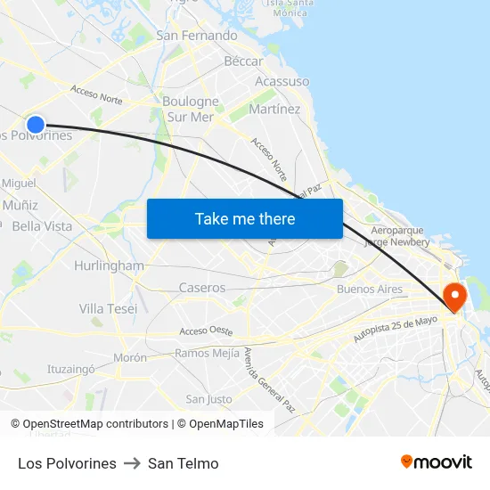 Los Polvorines to San Telmo map