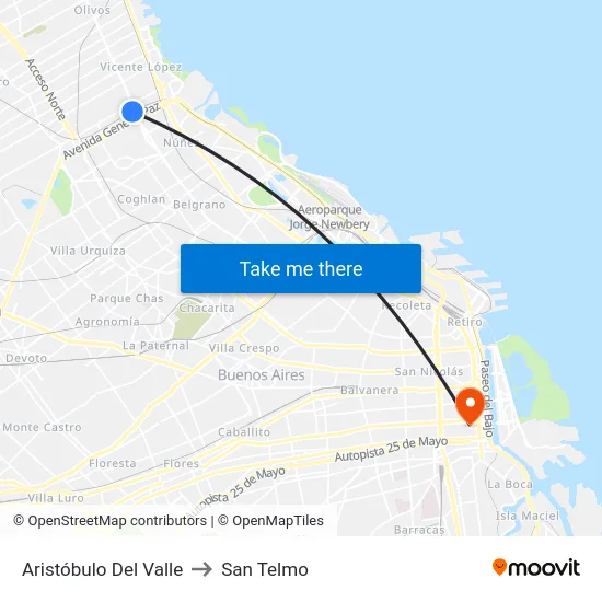 Aristóbulo Del Valle to San Telmo map