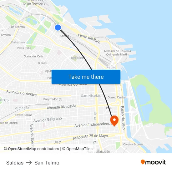 Saldías to San Telmo map