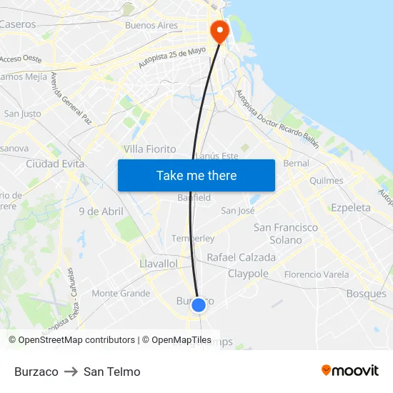 Burzaco to San Telmo map