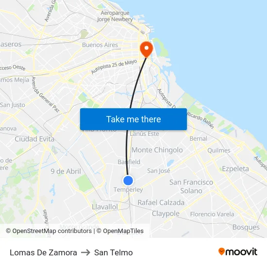 Lomas De Zamora to San Telmo map