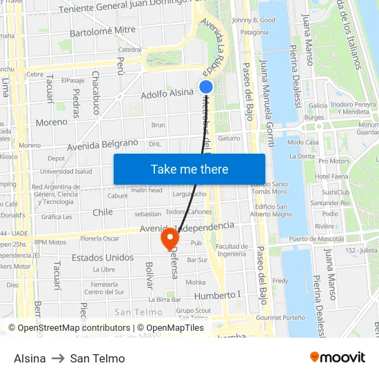 Alsina to San Telmo map