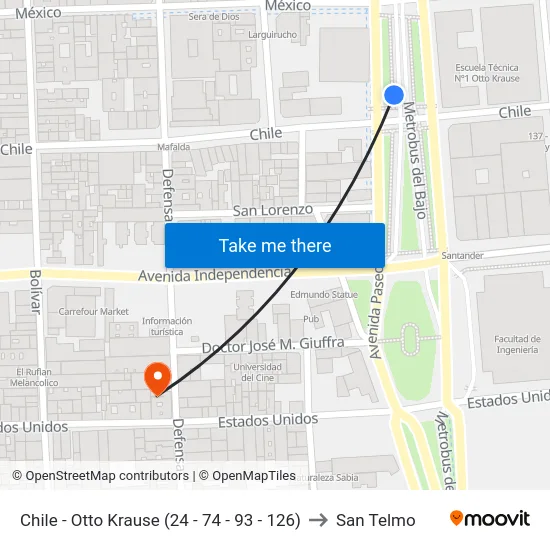 Chile - Otto Krause (24 - 74 - 93 - 126) to San Telmo map