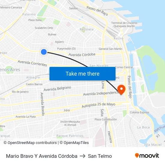 Mario Bravo Y Avenida Córdoba to San Telmo map