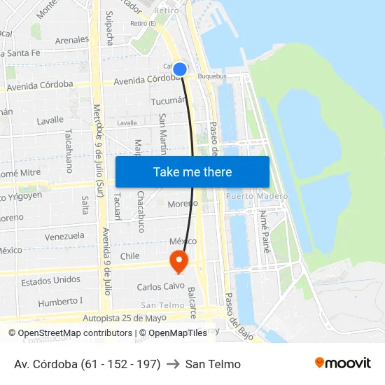 Av. Córdoba (61 - 152 - 197) to San Telmo map