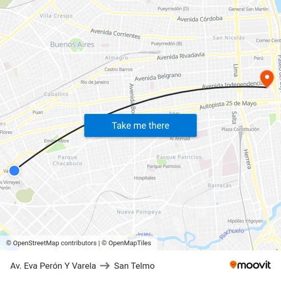Av. Eva Perón Y Varela to San Telmo map