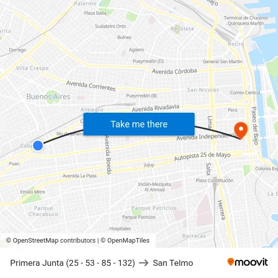 Primera Junta (25 - 53 - 85 - 132) to San Telmo map