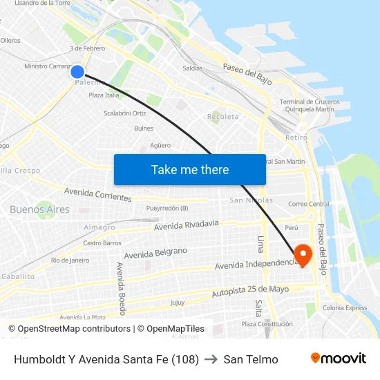 Humboldt Y Avenida Santa Fe (108) to San Telmo map