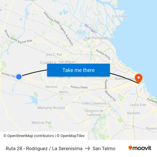 Ruta 28 - Rodriguez / La Serenisima to San Telmo map