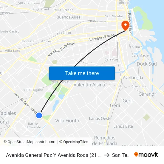 Avenida General Paz Y Avenida Roca (21 - 28 - 143) to San Telmo map