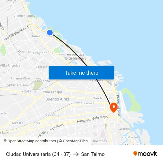 Ciudad Universitaria (34 - 37) to San Telmo map
