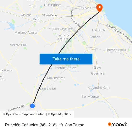Estación Cañuelas (88 - 218) to San Telmo map
