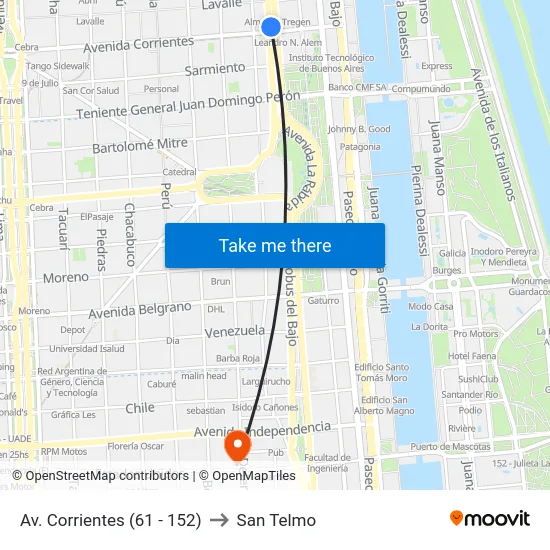 Av. Corrientes (61 - 152) to San Telmo map
