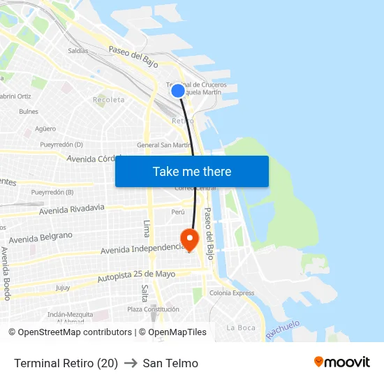 Terminal Retiro (20) to San Telmo map