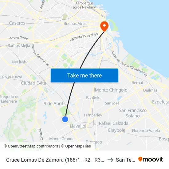 Cruce Lomas De Zamora (188r1 - R2 - R3 - 421 - 501) to San Telmo map