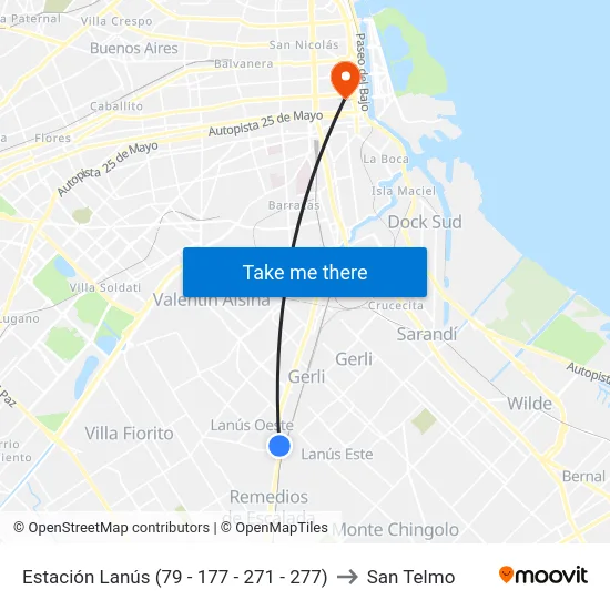 Estación Lanús (79 - 177 - 271 - 277) to San Telmo map