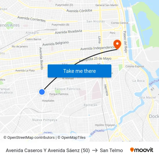 Avenida Caseros Y Avenida Sáenz (50) to San Telmo map