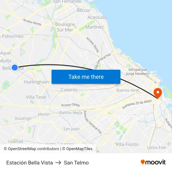 Estación Bella Vista to San Telmo map
