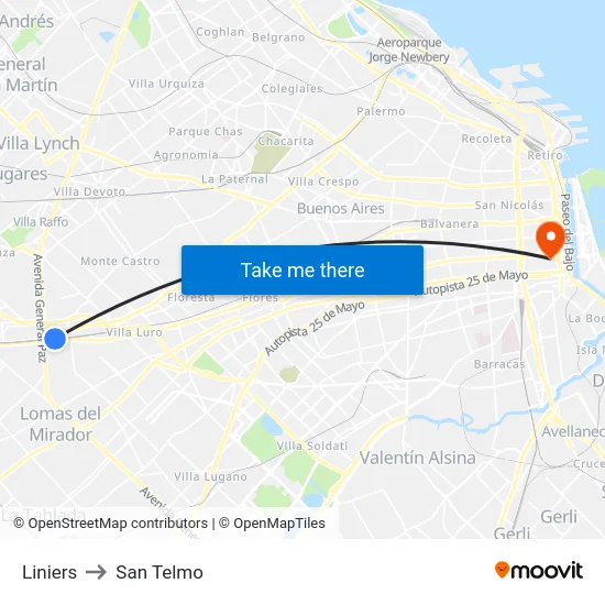 Liniers to San Telmo map