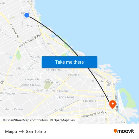 Maipú to San Telmo map