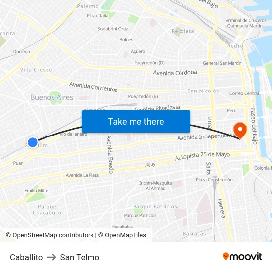 Caballito to San Telmo map