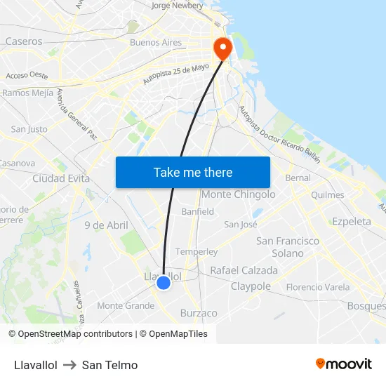 Llavallol to San Telmo map