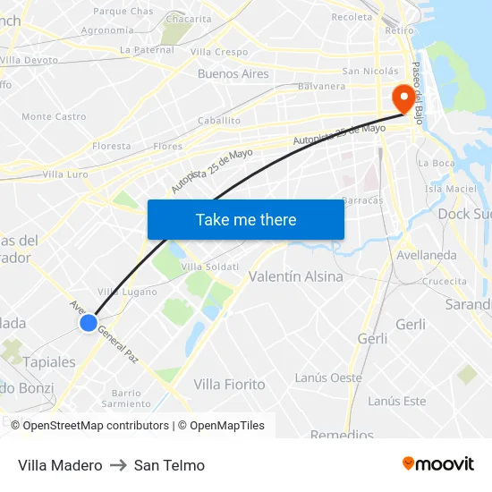 Villa Madero to San Telmo map
