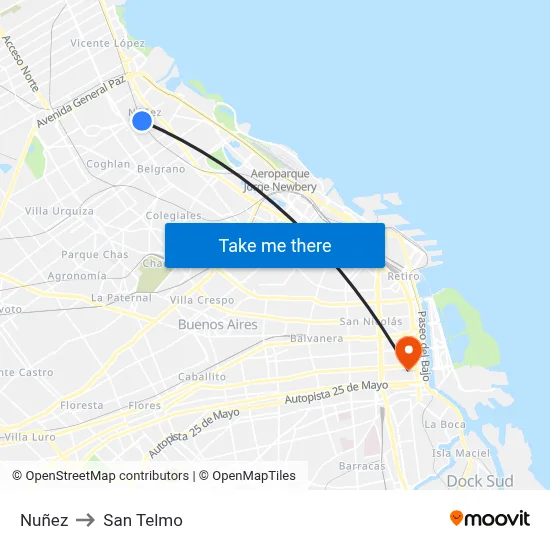 Nuñez to San Telmo map