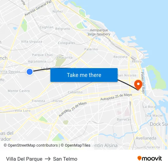 Villa Del Parque to San Telmo map