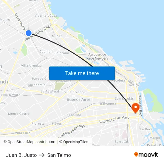 Juan B. Justo to San Telmo map