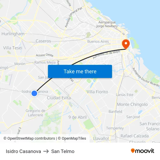 Isidro Casanova to San Telmo map
