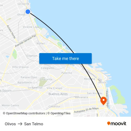 Olivos to San Telmo map