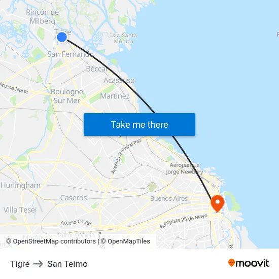 Tigre to San Telmo map
