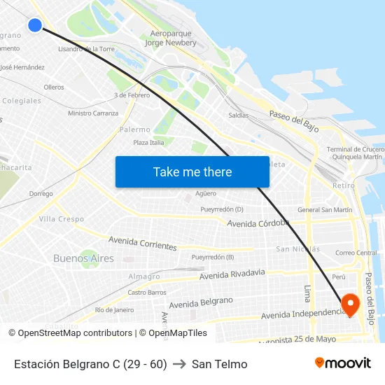 Estación Belgrano C (29 - 60) to San Telmo map