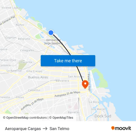 Aeroparque - Terminal De Cargas to San Telmo map