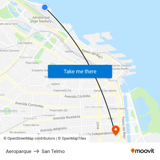Aeroparque to San Telmo map