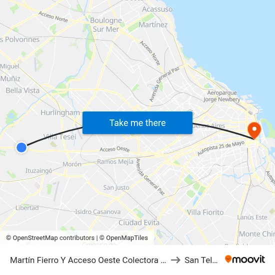 Martín Fierro Y Acceso Oeste Colectora Norte to San Telmo map