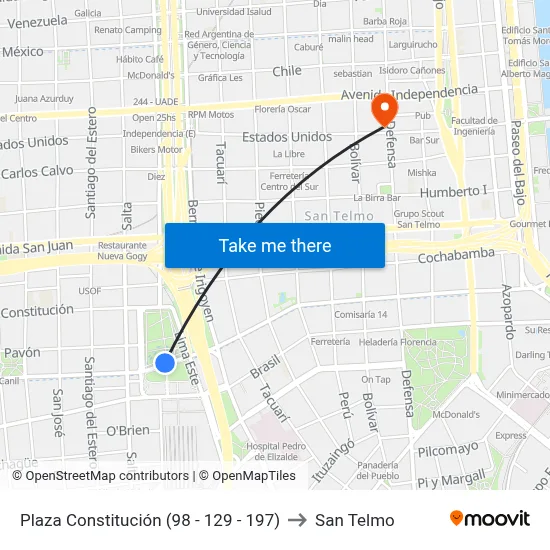 Plaza Constitución (98 - 129 - 197) to San Telmo map