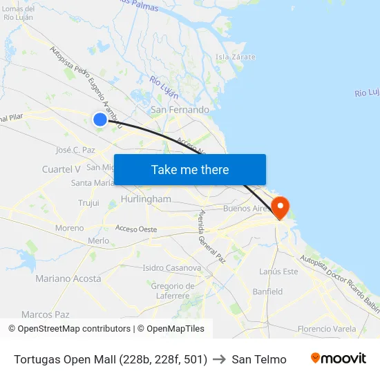 Tortugas Open Mall (228b, 228f, 501) to San Telmo map