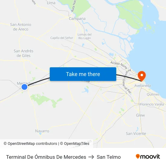Terminal De Ómnibus De Mercedes to San Telmo map