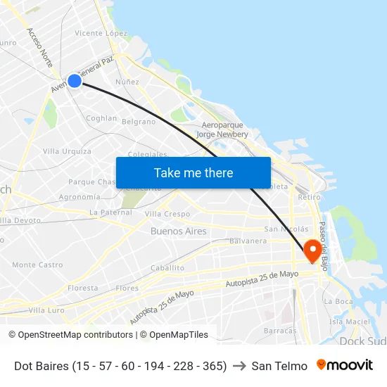 Dot Baires (15 - 57 - 60 - 194 - 228 - 365) to San Telmo map