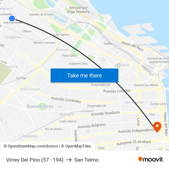 Virrey Del Pino (57 - 194) to San Telmo map