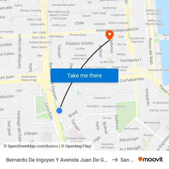 Bernardo De Irigoyen Y Avenida Juan De Garay (8 - 9 - 57 - 59 - 91 - 100) to San Telmo map
