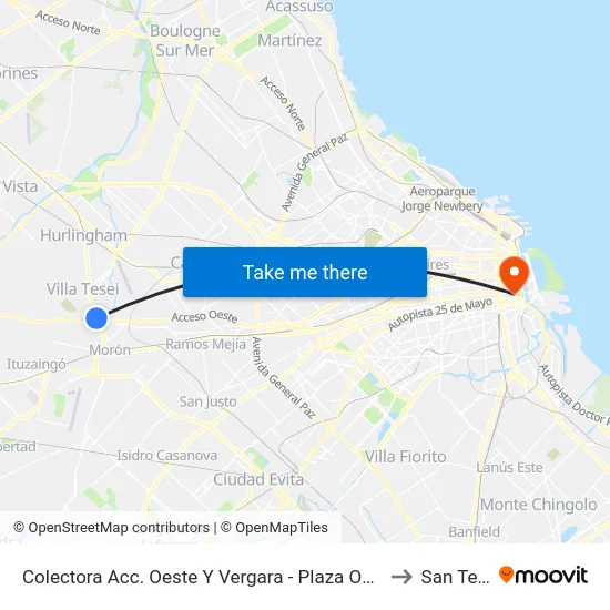 Colectora Acc. Oeste Y Vergara - Plaza Oeste Shopping to San Telmo map
