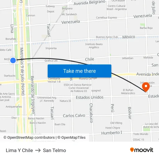 Lima Y Chile to San Telmo map