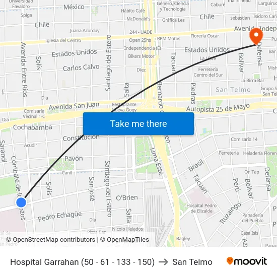 Hospital Garrahan (50 - 61 - 133 - 150) to San Telmo map