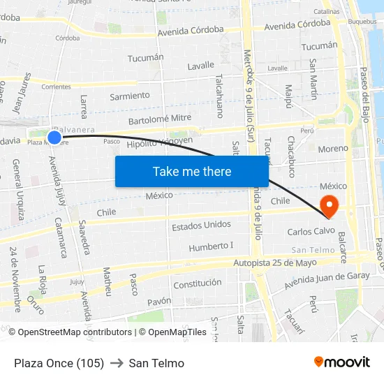Plaza Once (105) to San Telmo map