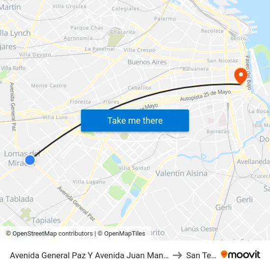 Avenida General Paz Y Avenida Juan Manuel De Rosas to San Telmo map