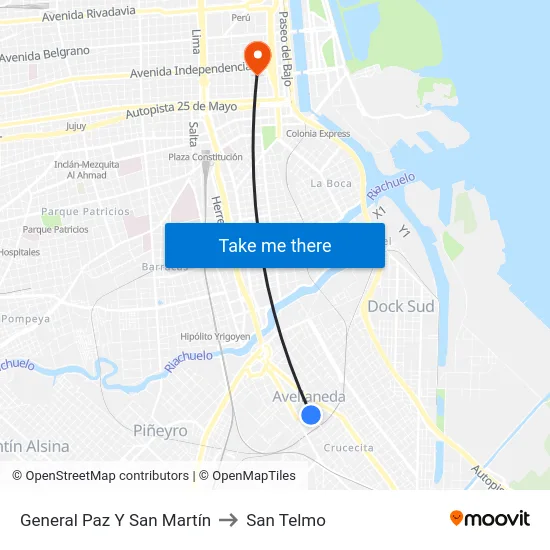 General Paz Y San Martín to San Telmo map