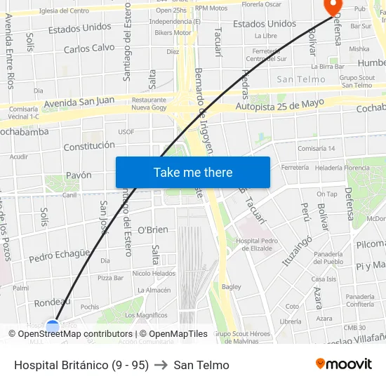 Hospital Británico (9 - 95) to San Telmo map
